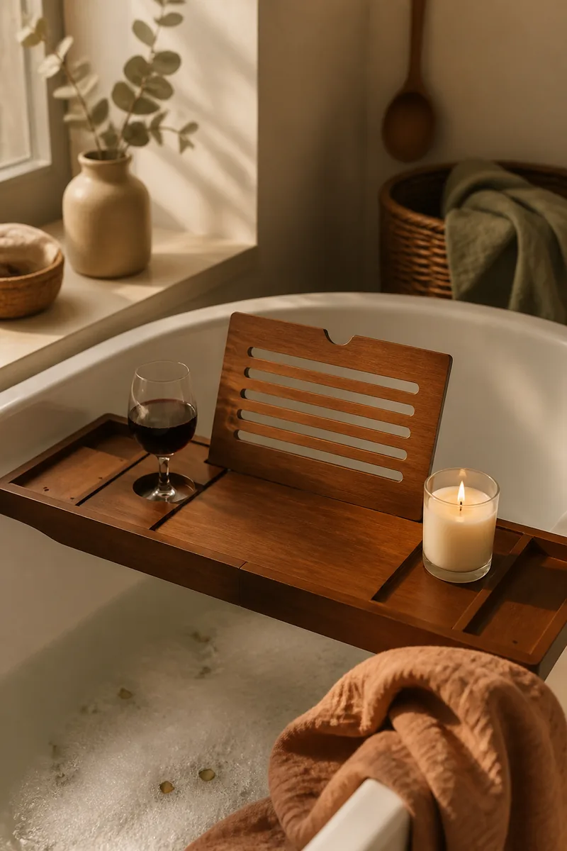 A bathtub tray holding a book, candle and glass