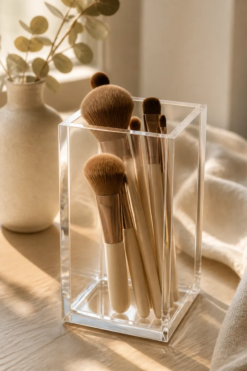 A holder keeping makeup brushes upright
