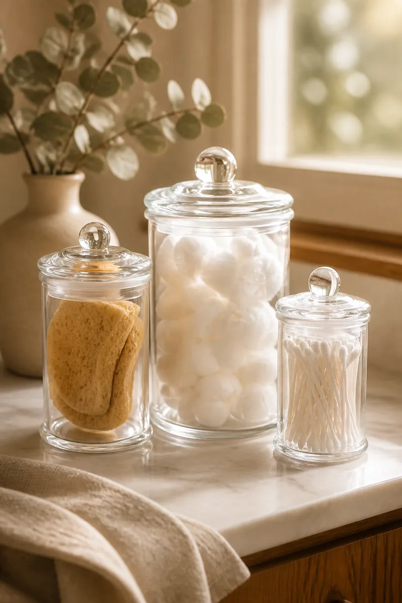 Glass jars holding cotton balls and swabs on a bathroom counter