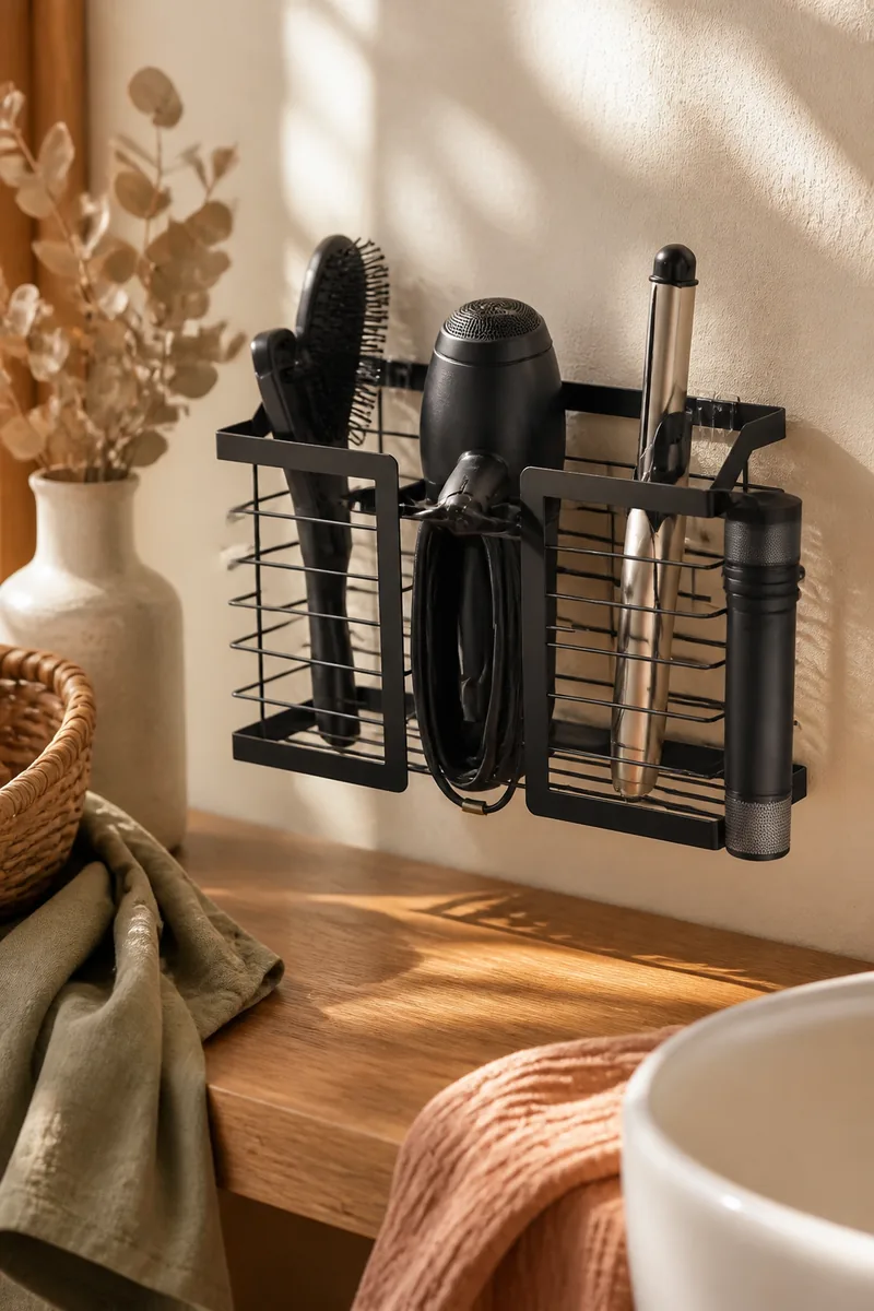 A holder keeping a hair dryer and straightener on a wall