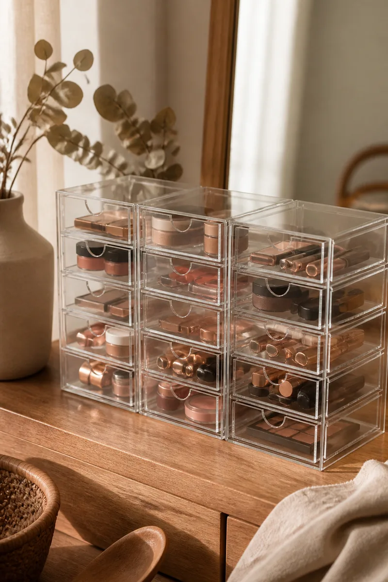 An acrylic organizer holding makeup on a vanity