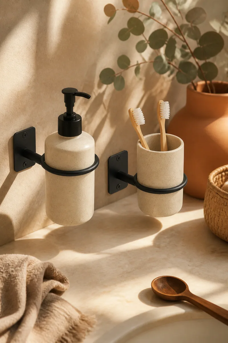 A soap dispenser and toothbrush holder on a bathroom counter