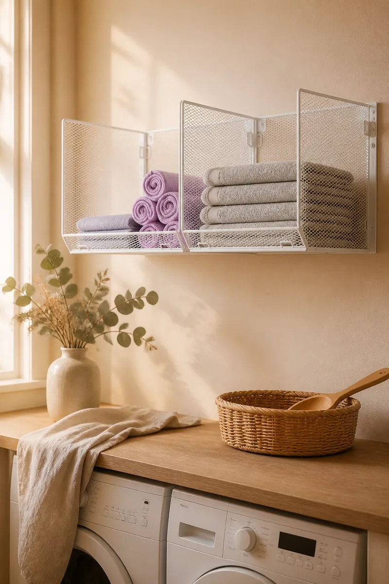 A wall-mounted shelf with a wire basket holding towels