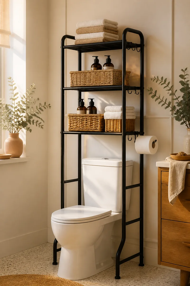 A shelf over a toilet with towels and baskets