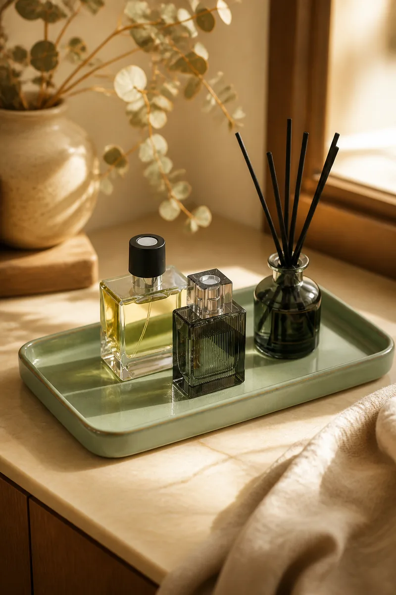 A tray on a vanity holding perfume and soap