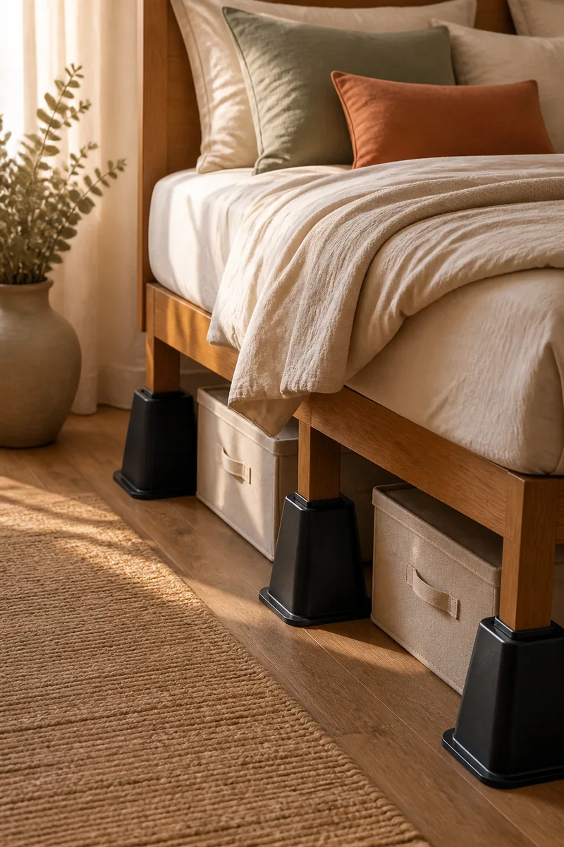 Bed risers lifting a bed with storage boxes underneath
