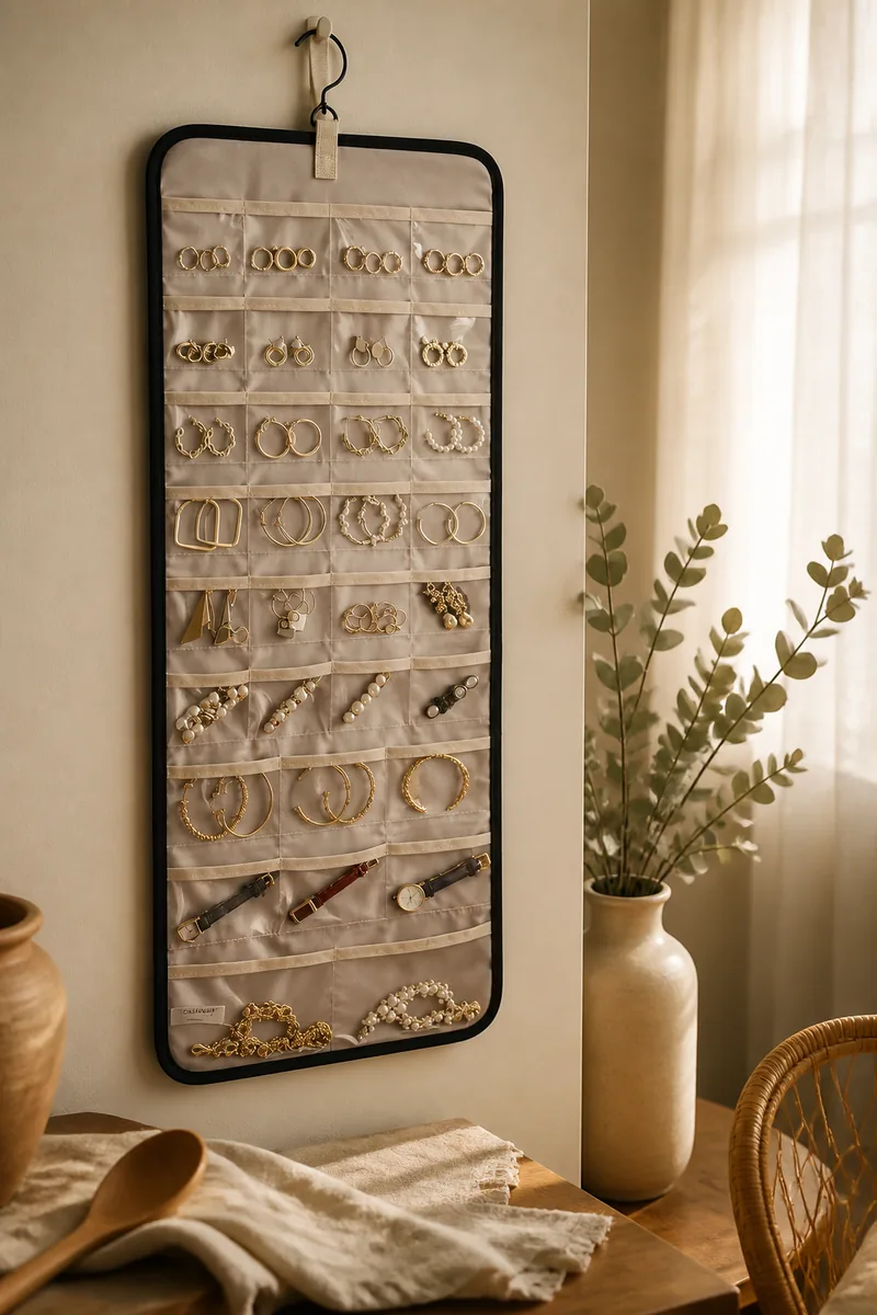 A hanging jewelry organizer showing necklaces and earrings