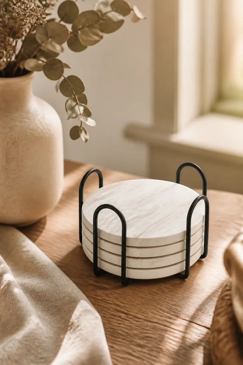 A set of coasters in a holder on a table