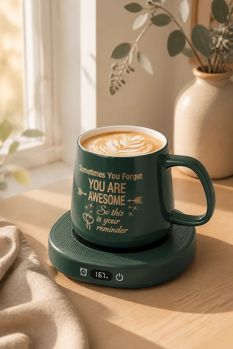 A mug warmer with a mug on a desk
