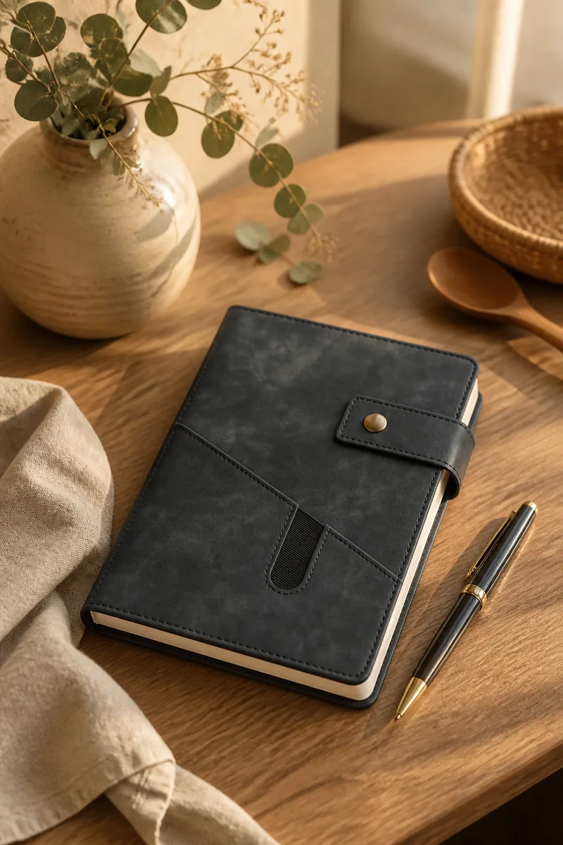 A notebook and pens on a desk