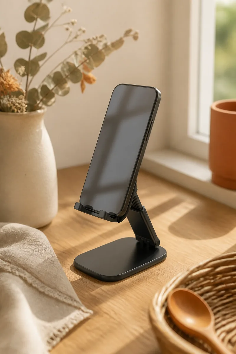 A phone propped on an adjustable stand on a desk