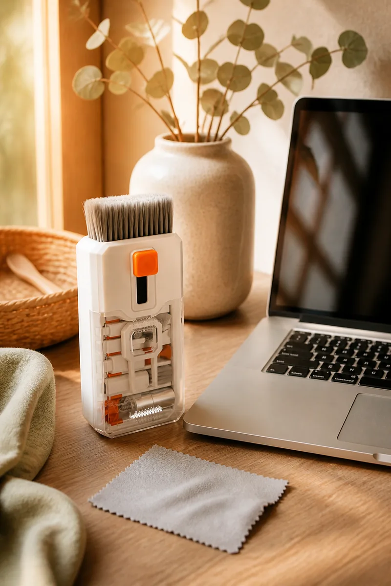 A screen cleaning kit with a cloth beside a laptop