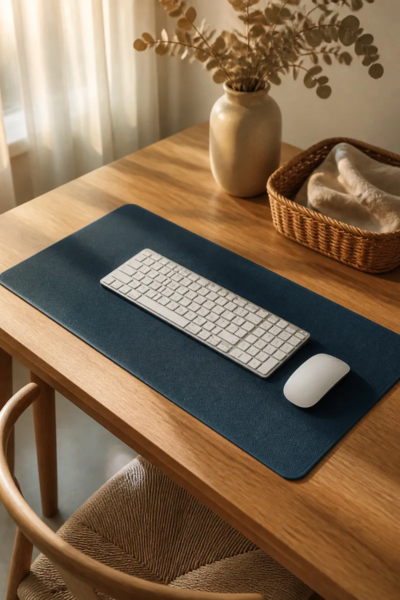 A large desk mat with a keyboard and mouse