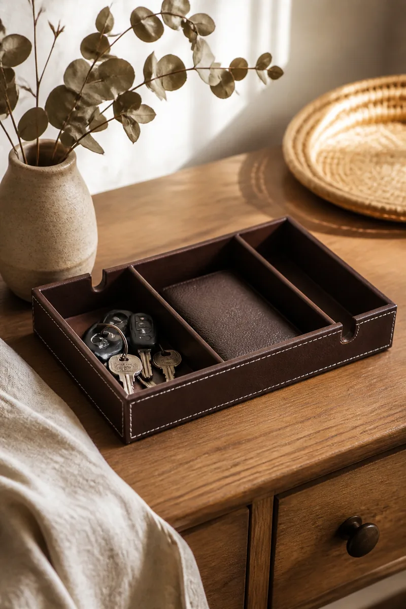 A tray holding keys and a wallet on an entry table