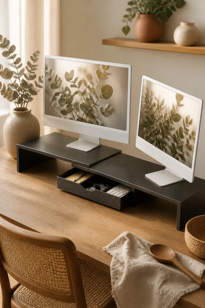 A monitor stand riser with a drawer on a desk