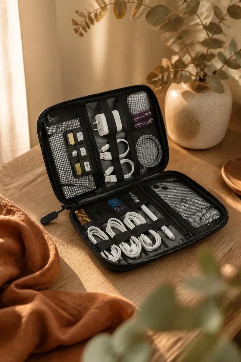 An electronics organizer case holding cables and chargers