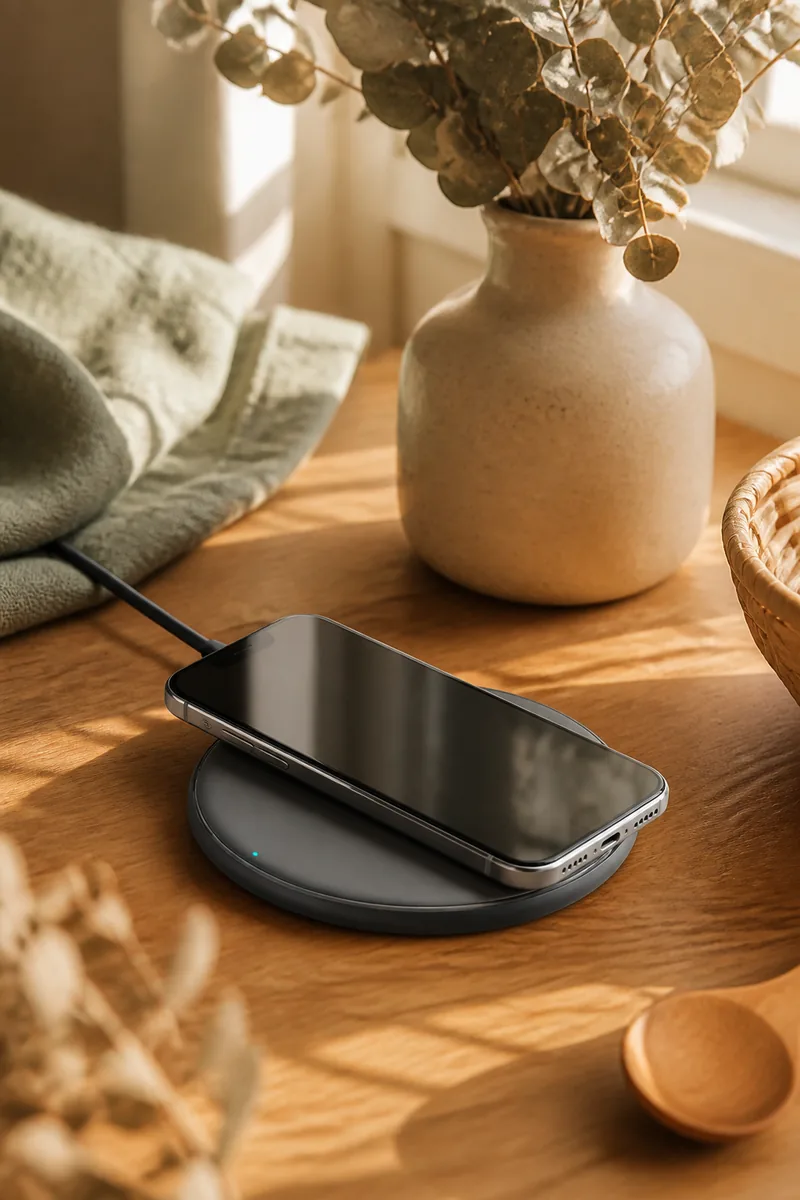 A wireless charging pad charging a phone on a desk