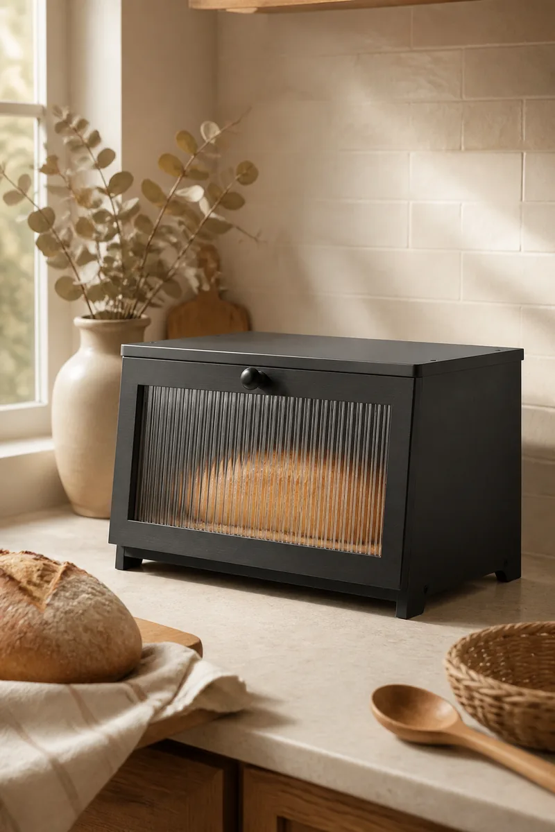 A black wooden bread box on a kitchen counter with a loaf of bread