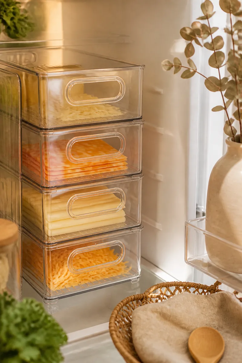 Clear bins organizing drinks and produce inside a refrigerator