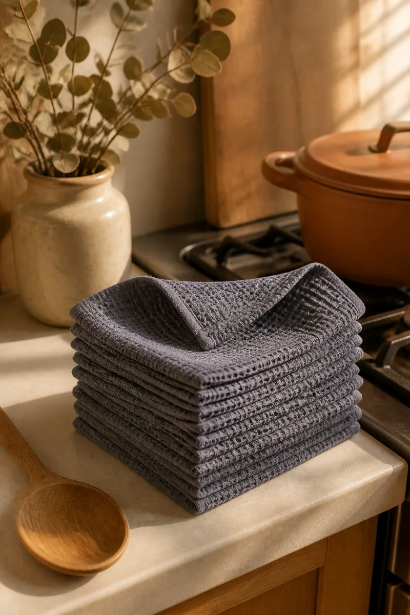 Folded cotton waffle weave kitchen towels beside a stove