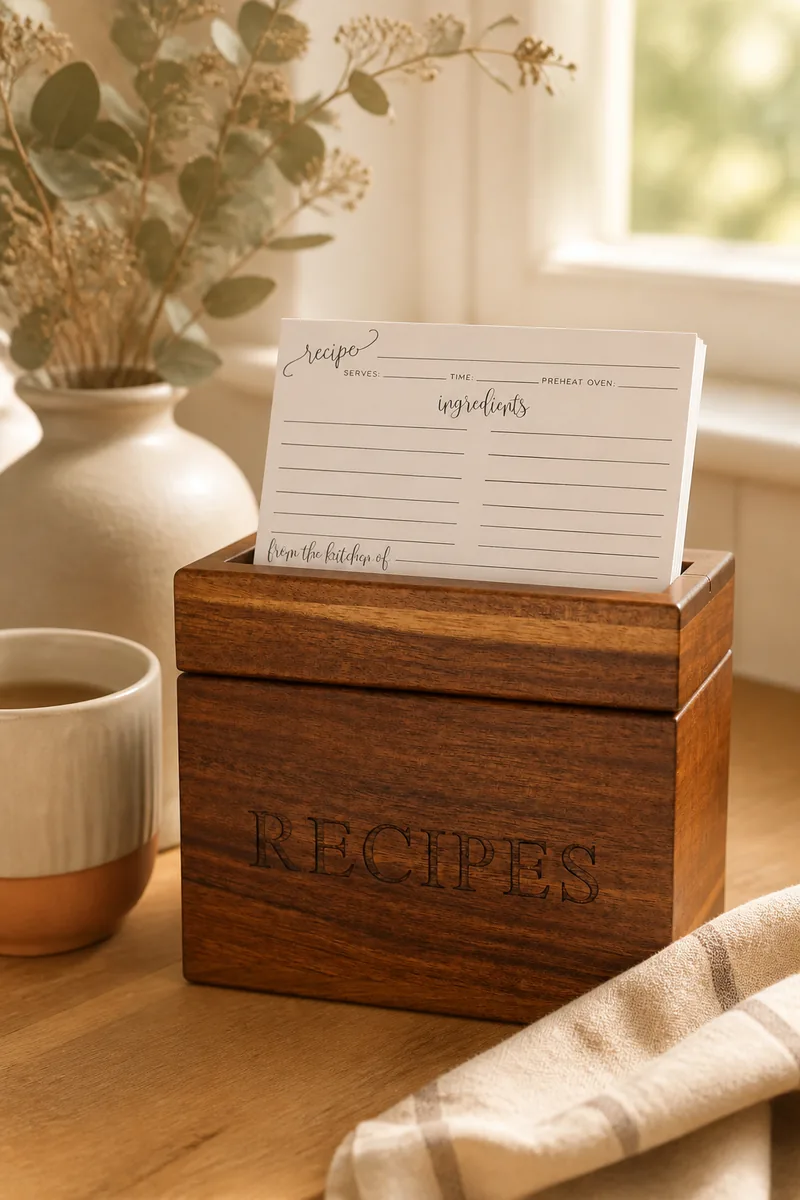 A wooden recipe box with recipe cards beside a mug