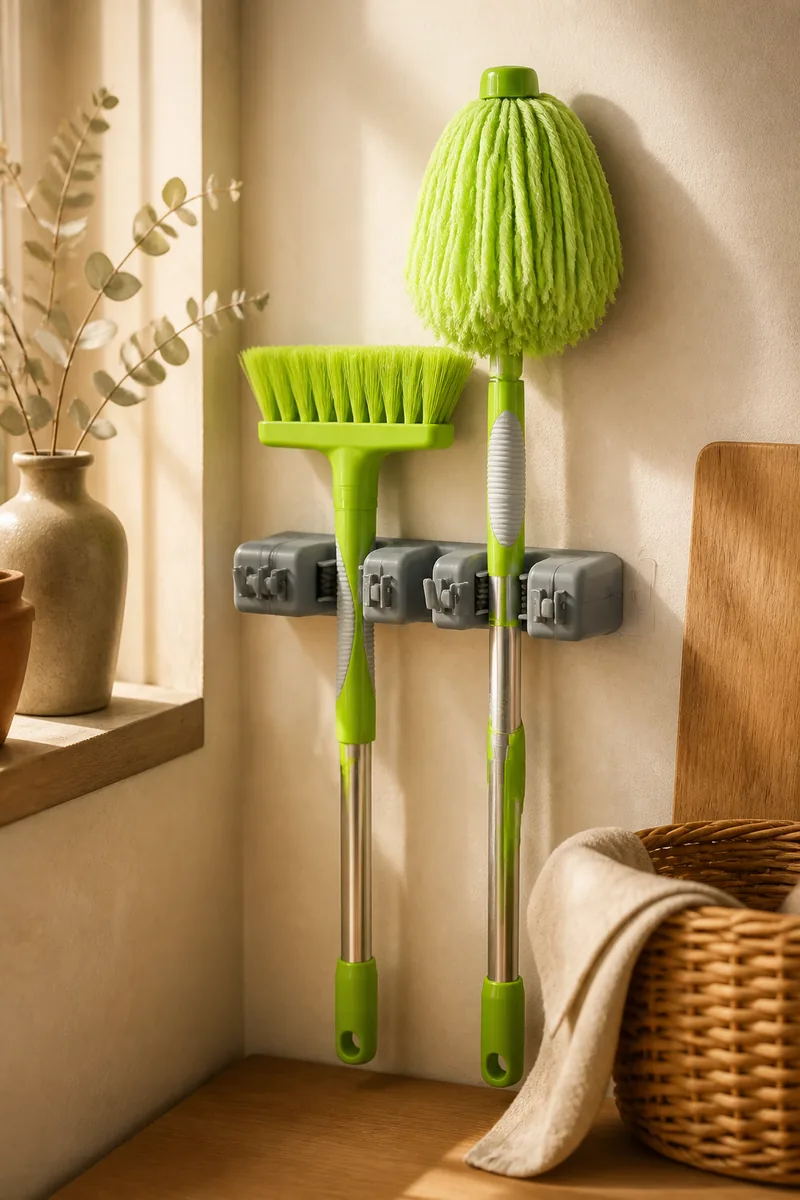 A wall mounted broom holder with a broom and mop
