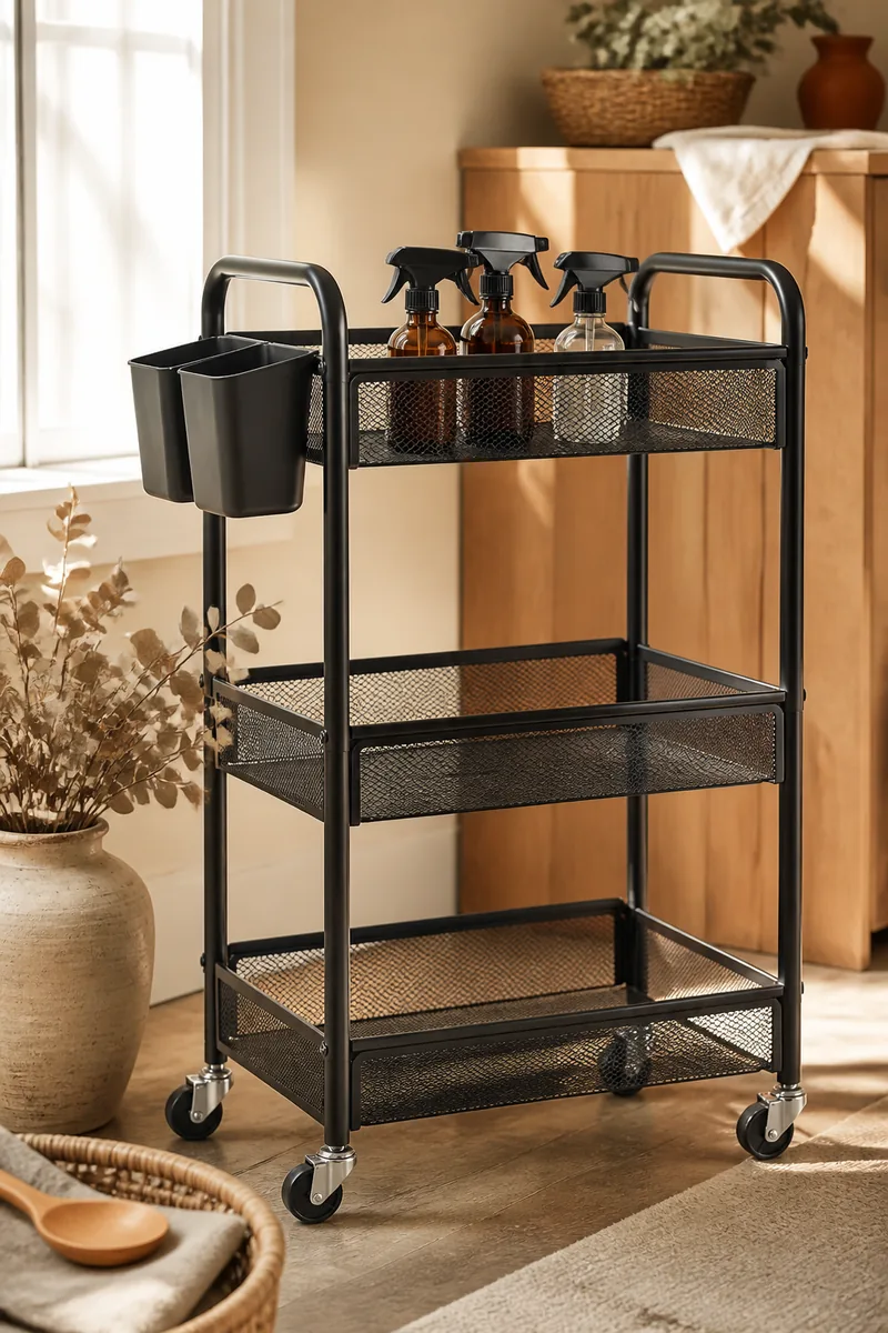 A cleaning supply cart with sprays