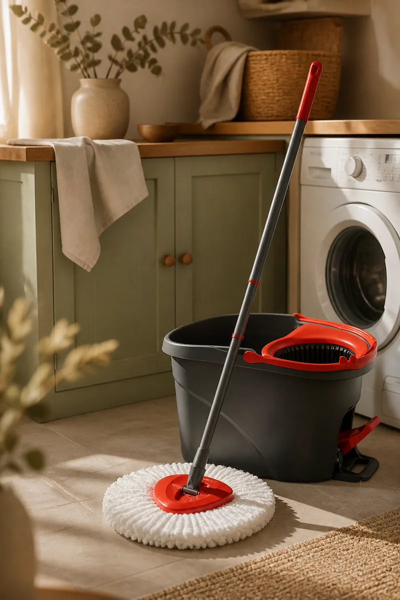 A mop and bucket in a laundry room