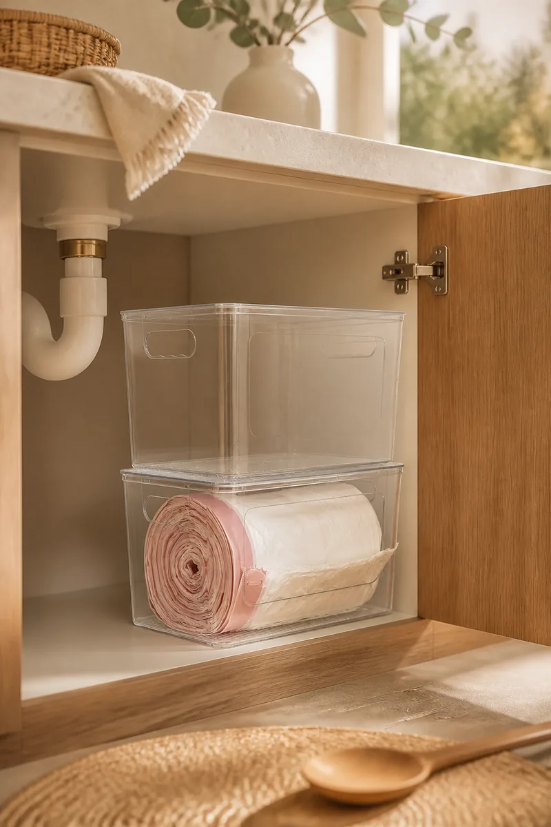 A trash bag dispenser under a sink