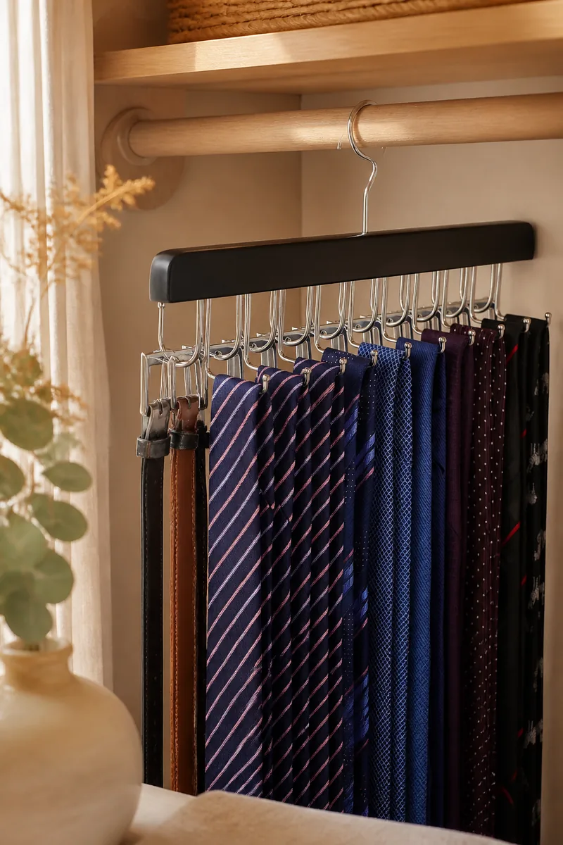 A hanger holding belts and ties in a closet