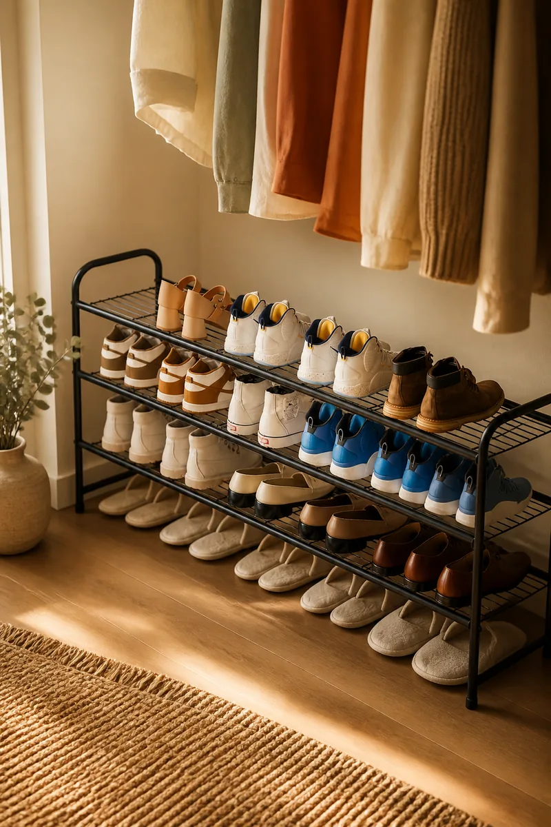 A shoe rack holding sneakers and flats at the bottom of a closet