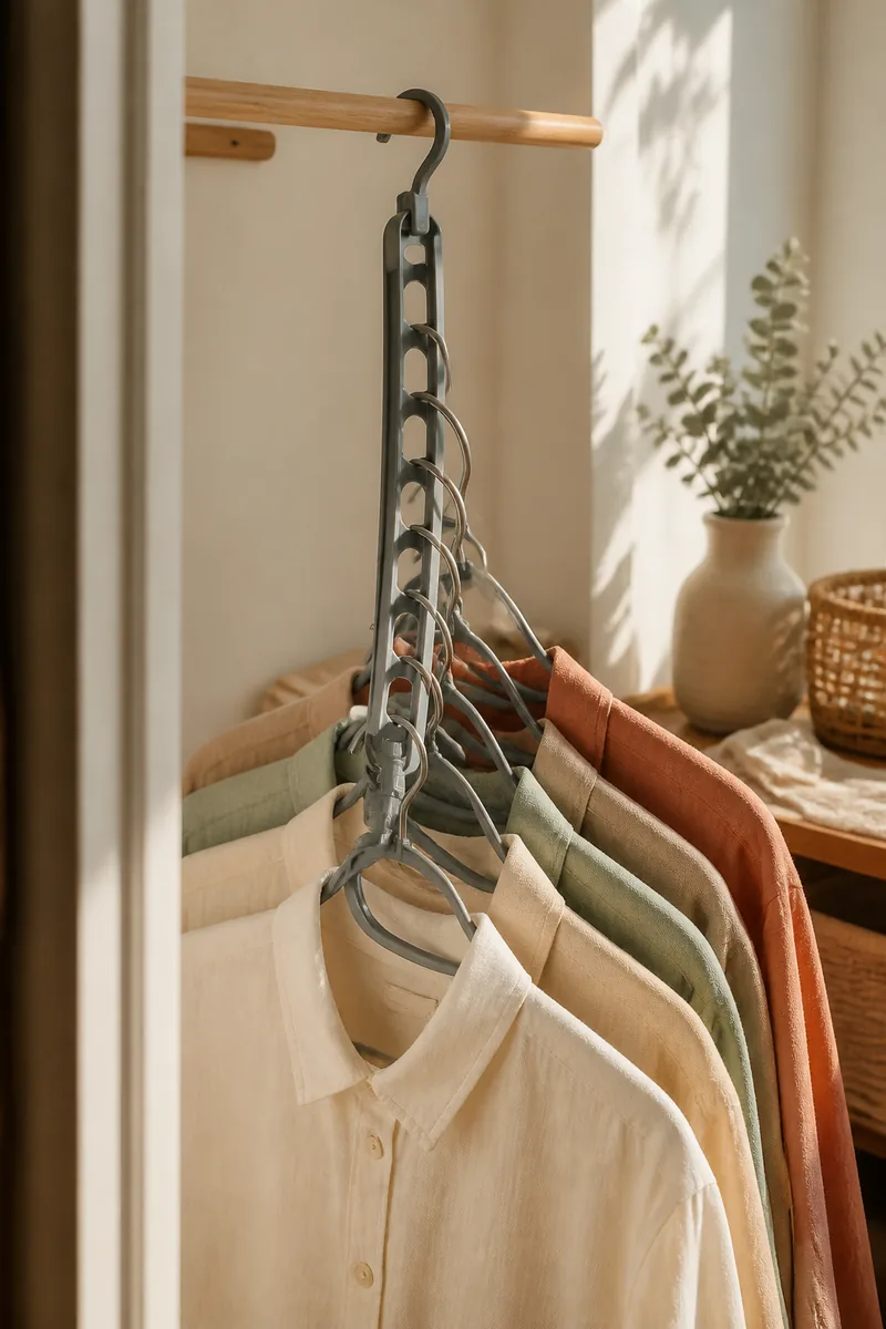 Cascading hangers holding shirts in a narrow closet