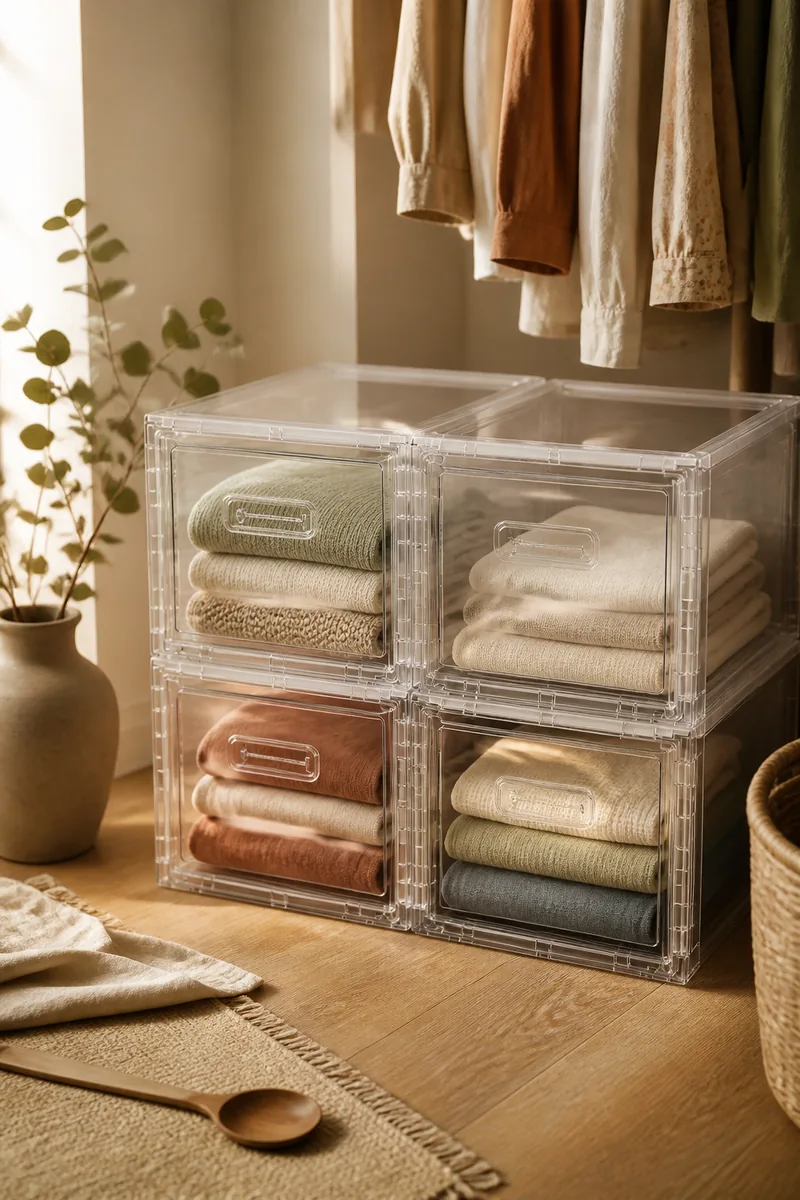 Stackable drawers holding clothes on a closet floor