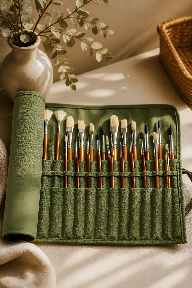 A paintbrush holder with brushes