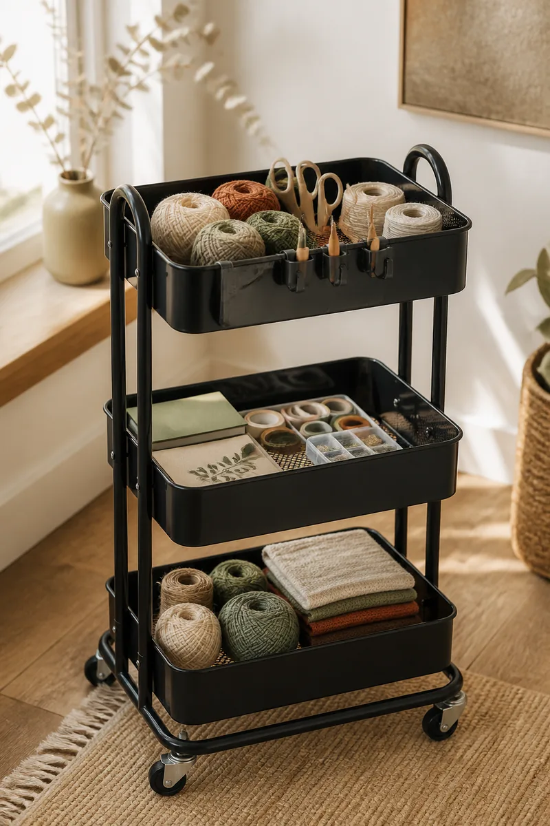 A rolling craft cart with supplies
