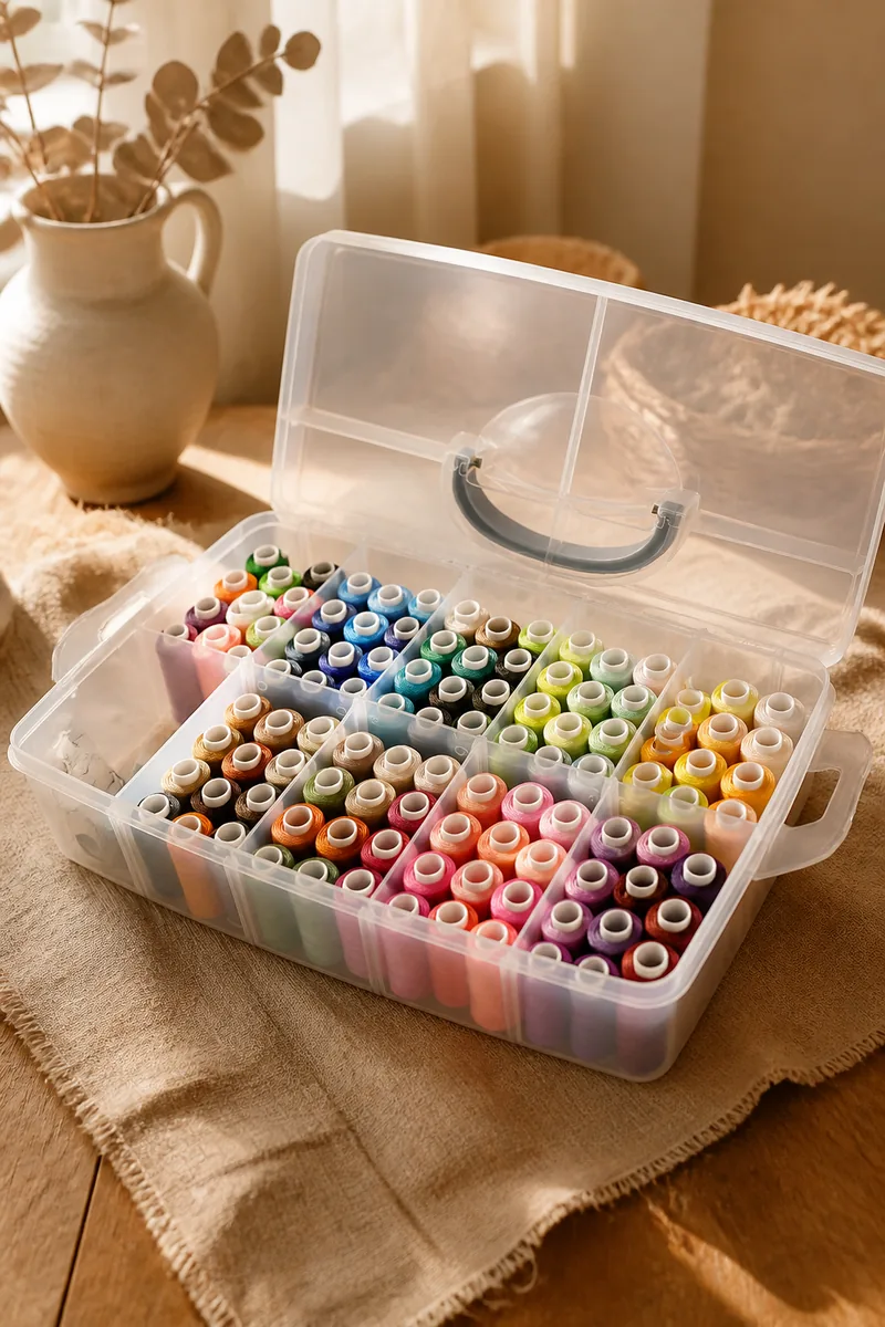 A sewing thread box with spools