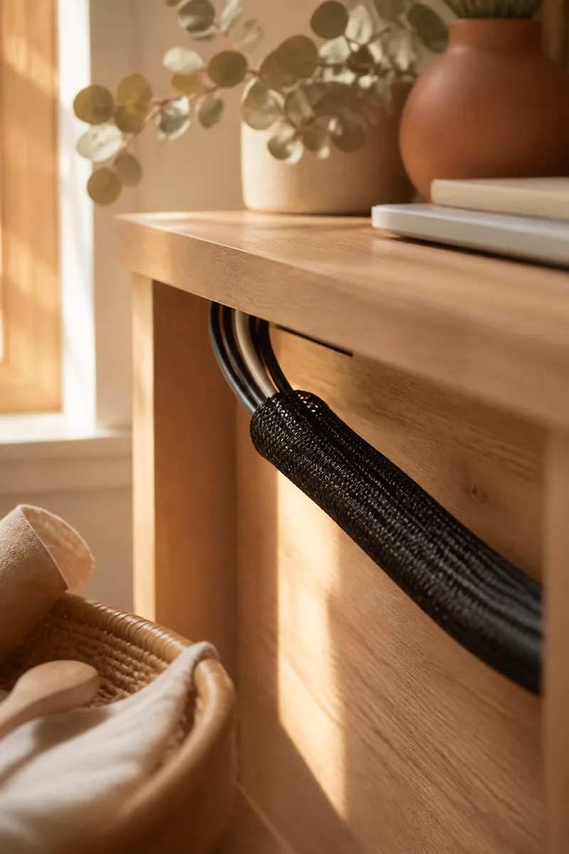 A sleeve bundling cables neatly behind a desk