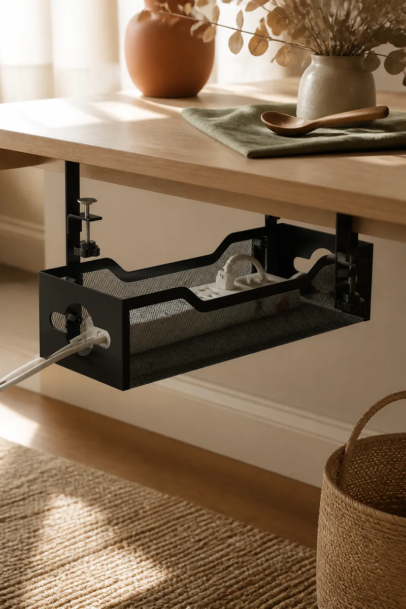 A tray under a desk holding a power strip and cables