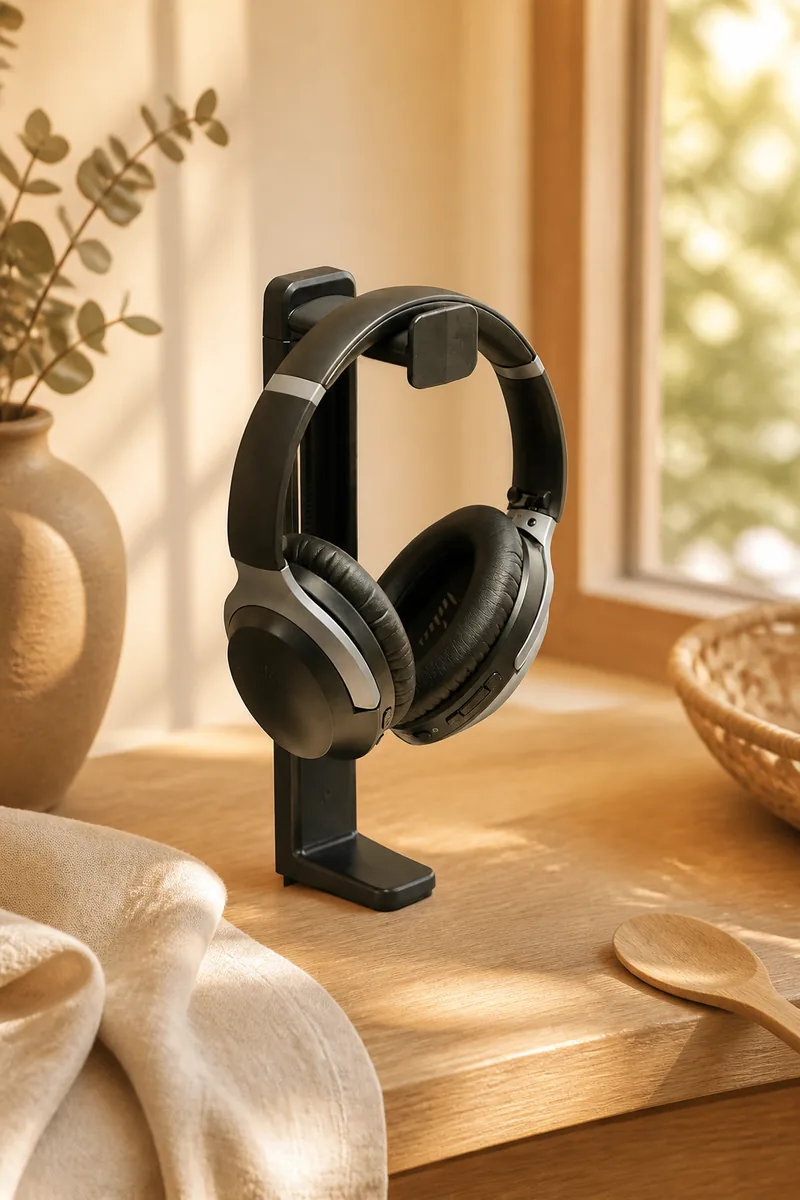 A headphone stand holding headphones on a desk