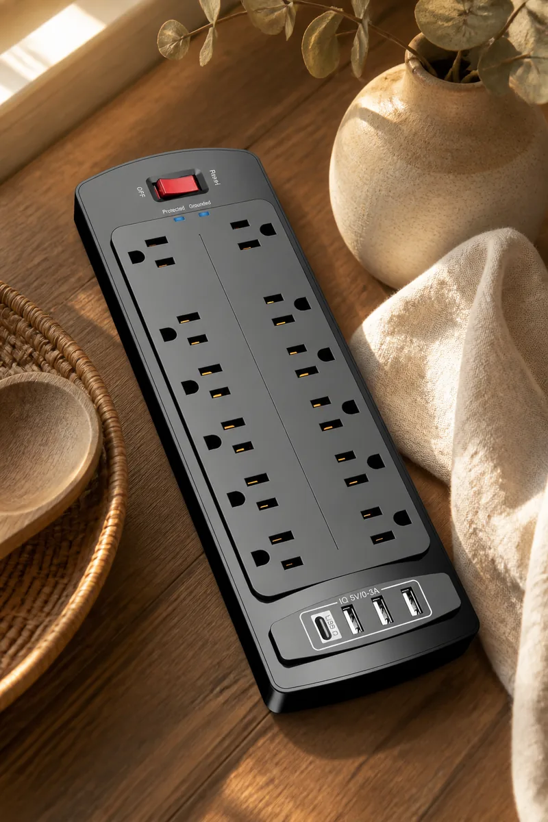 A power strip with USB ports on a desk