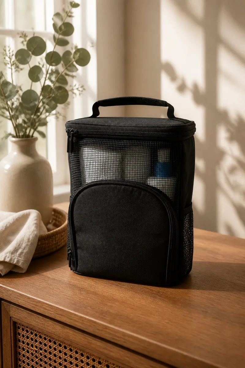 A portable shower tote holding toiletries