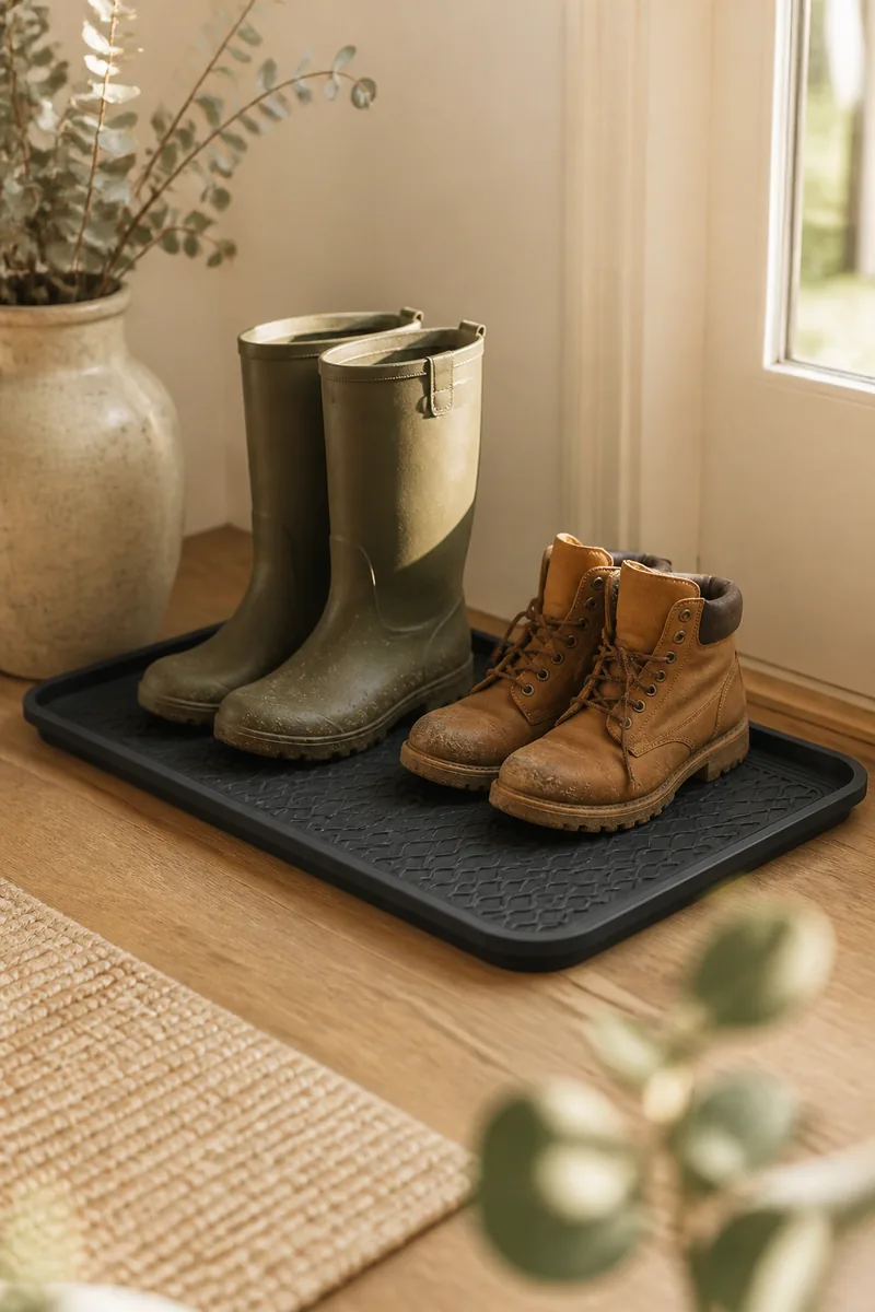 A boot tray with boots in an entryway
