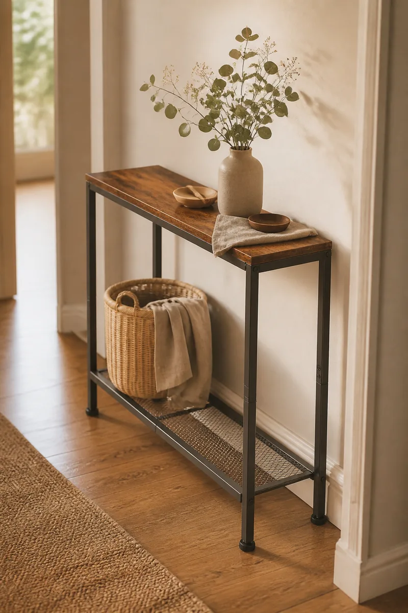 A narrow console table in a hallway