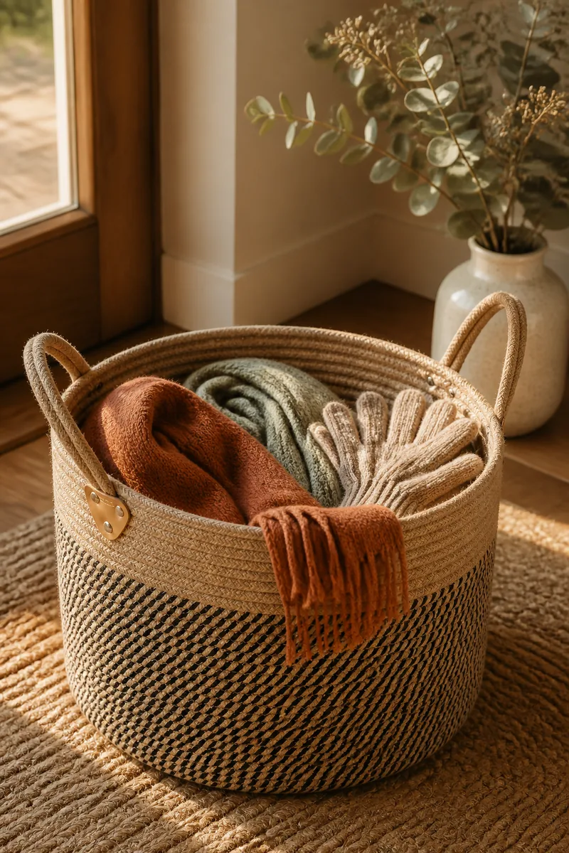 A basket holding scarves and gloves in an entryway