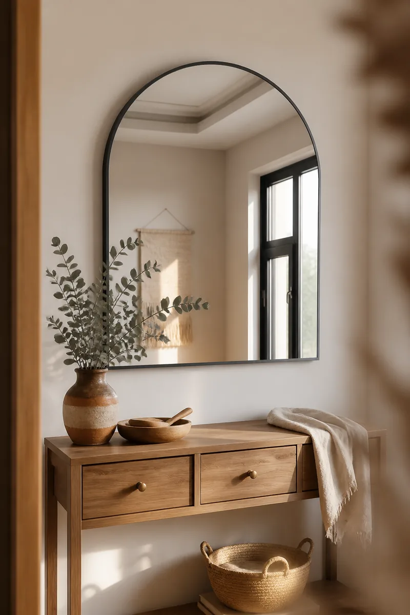 A round mirror above an entry table