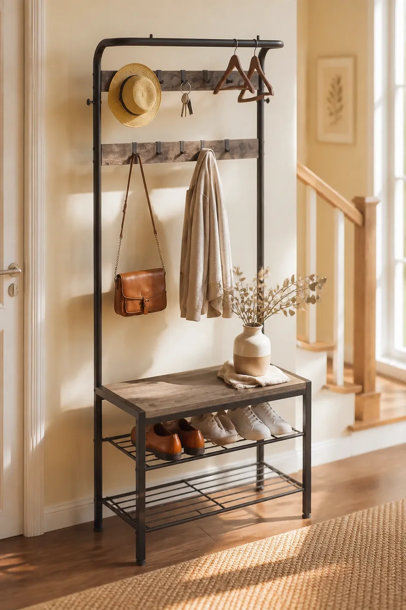 A hall tree with a bench, hooks and bags in an entryway