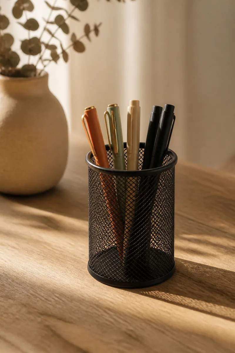 A pen holder with pens on a desk