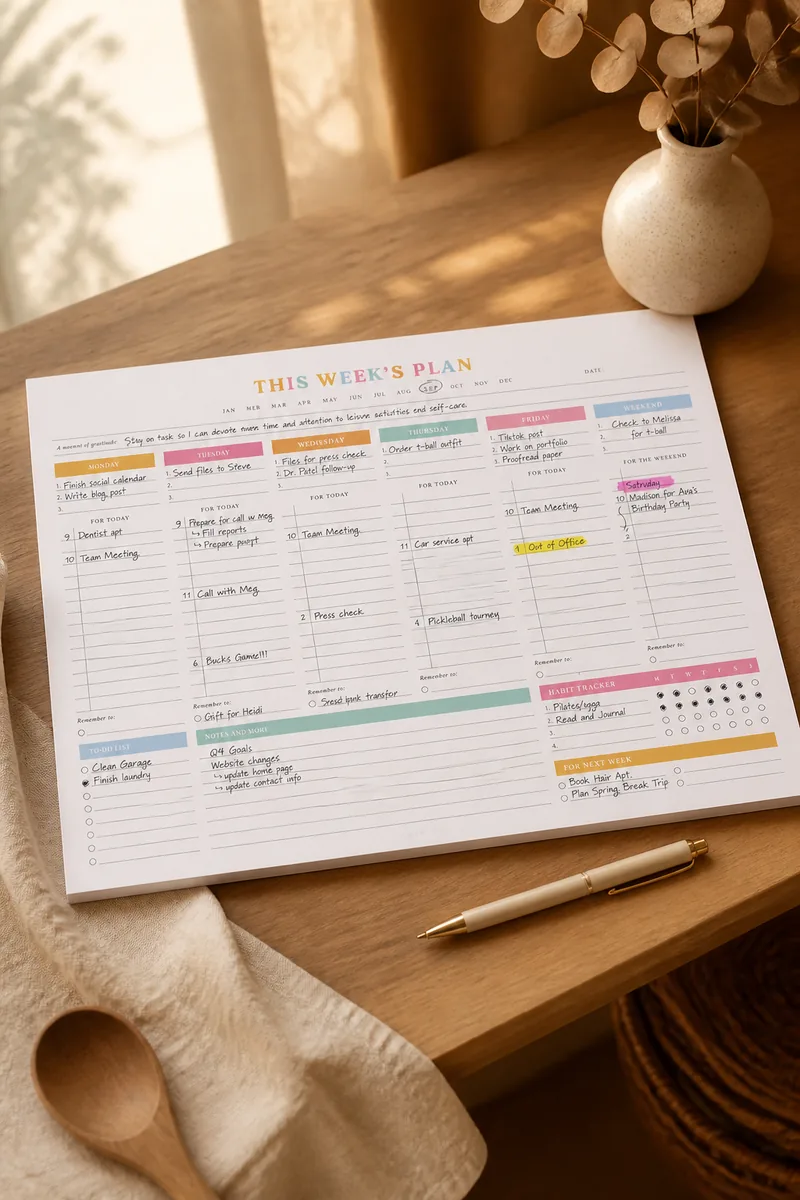 A weekly planner pad on a desk with a pen