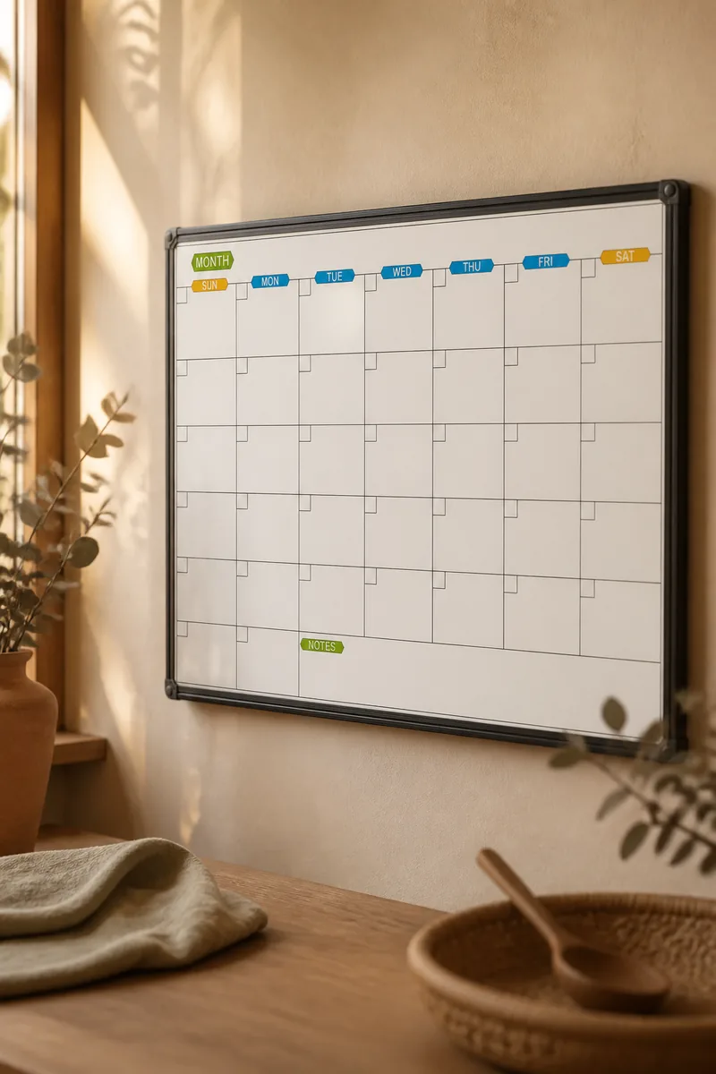 A magnetic wall calendar in a home office