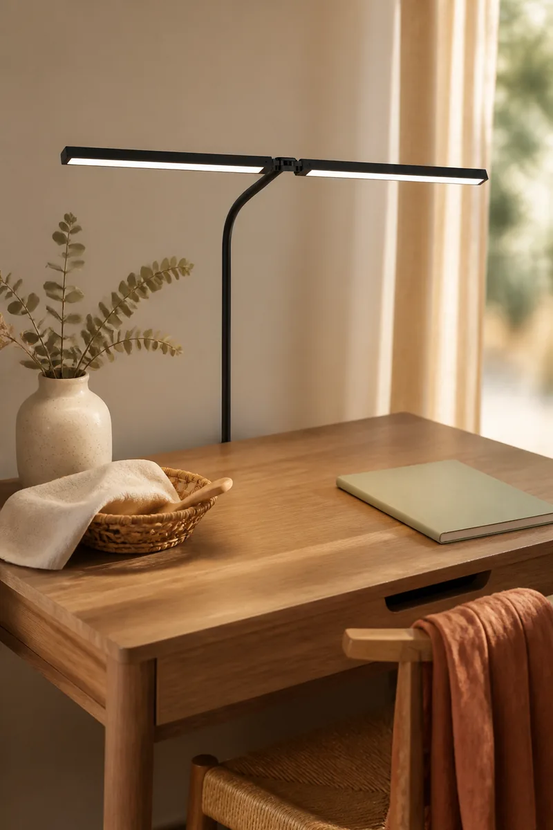 A desk lamp lighting a tidy desk
